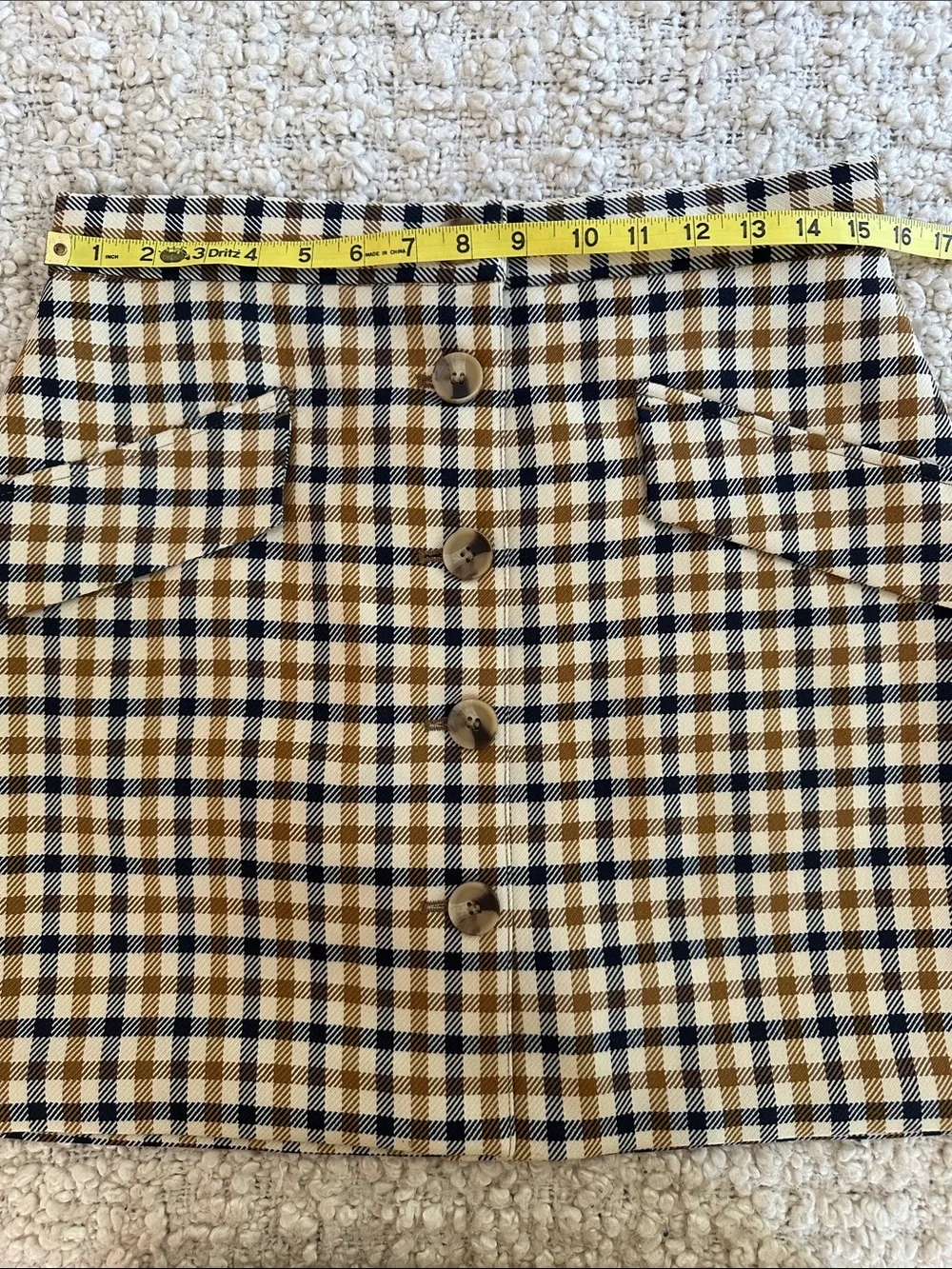 H&M Mod Button-Front Plaid Mini Skirt in Tan, Cream, and Black